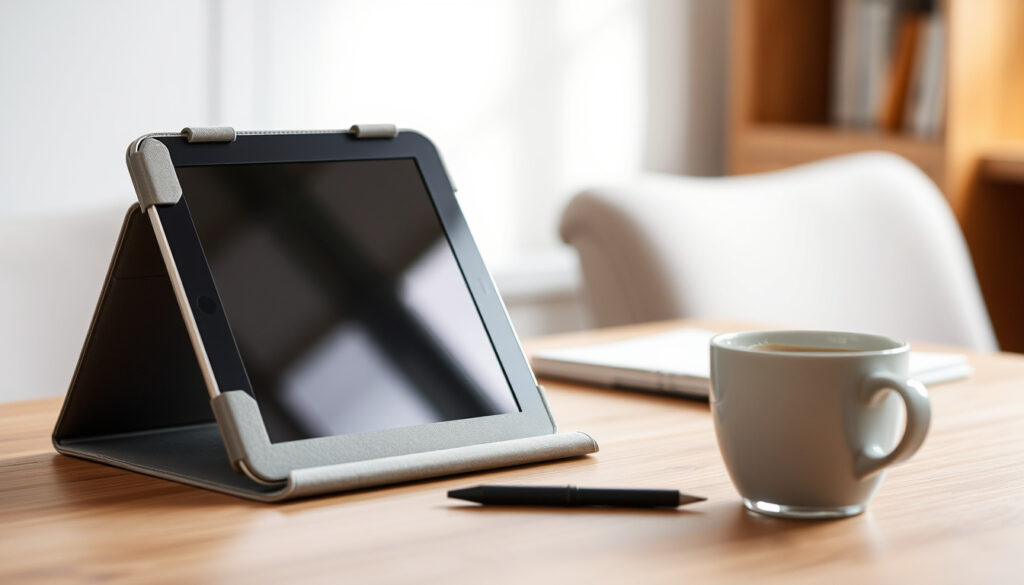 Pöydällä tabletin suojakuoressa seisova tabletti, jonka kansi on telineenä katselua varten