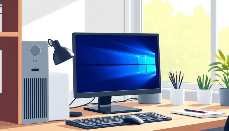 Työpöytä kotona tai etätyöpisteessä, jossa pöytäkone näytön vieressä Windows 11:n valintaa pohtivalle käyttäjälle