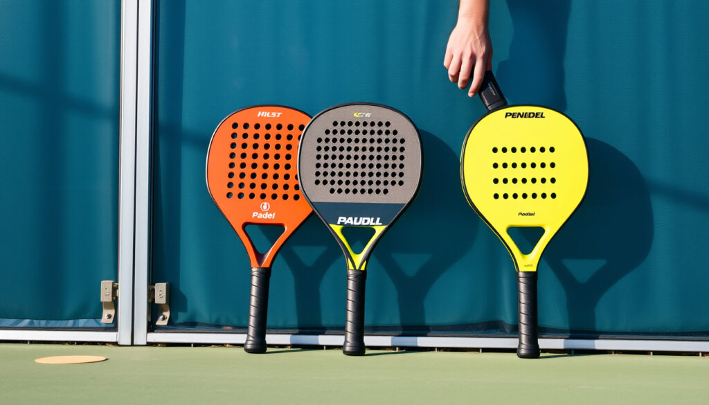 Kolme logoitonta padel-mailaa lasiseinää vasten padelkentällä, pelaaja pitää yhtä mailaa kädessään