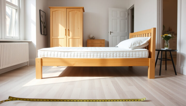 Pieni kahden hengen sängynrunko 120 cm leveällä patjalla valoisassa makuuhuoneessa, lattialla mittanauha rungon ulkomittoja mittaamassa.